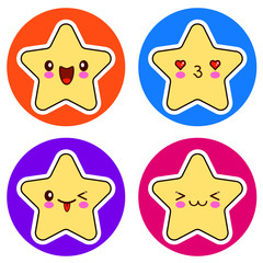 Set of cute Kawaii stars on different circle. Vector illustration