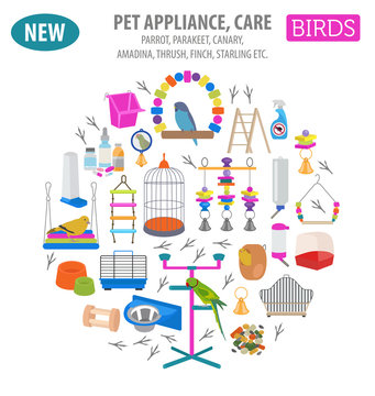 Pet appliance icon set flat style isolated on white. Birds care collection. Create own infographic about parrot, parakeet, canary, thrush, finch, jay bird, starling, amadina, siskin,  toucan, bunting