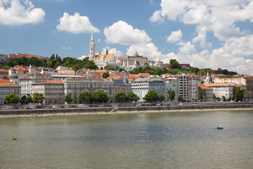 view of the Fisherman's Bastion and the west bank of the River Danube in Budapest during summertime