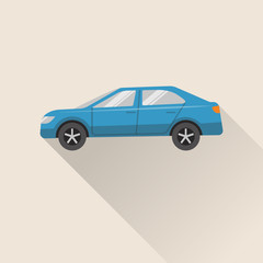 Flat style blue sedan car icon with long shadow