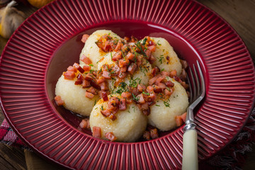 Potato dumplings with bacon.