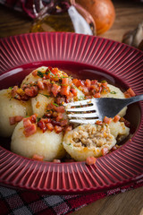 Potato dumplings with bacon.