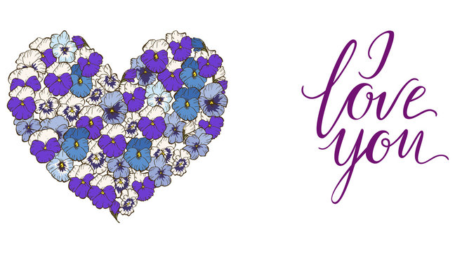 Heart of blue and purple pansies flowers isolated on white background and lettering I LOVE YOU. Vector illustration.
