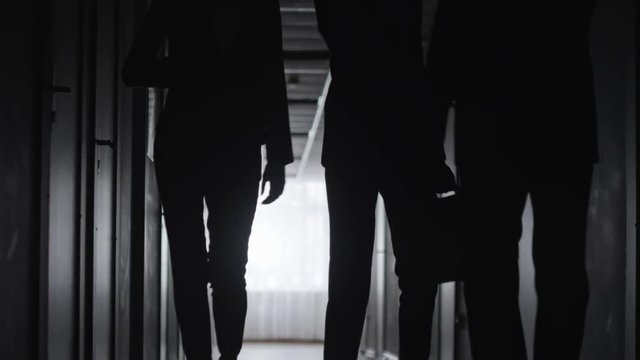 PAN of silhouettes of businesswoman and businessman holding briefcase walking along dark hallway, then greeting male colleague