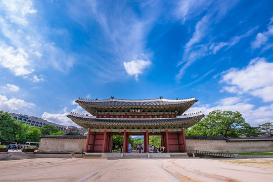 Seoul, South Korea - Donhwamun gate at the main gate of Changdeokgung Palace.