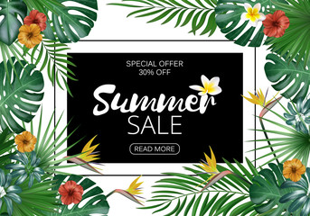 Sale banner, poster with exotic leaves, jungle leaf. Vector floral tropical summer background. Horizontal format.