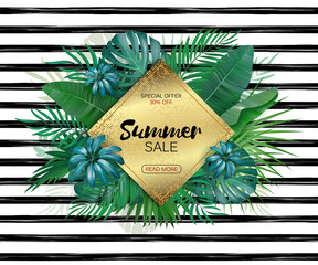 Summer sale background layout for banners, Wallpaper, flyers, invitation, posters, brochure, voucher discount. Vector illustration template. Striped backdrop with exotic leaves.