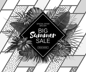 Summer sale background layout for banners, Wallpaper, flyers, invitation, posters, brochure, voucher discount. Vector illustration template. Patchwork backdrop with exotic leaves.