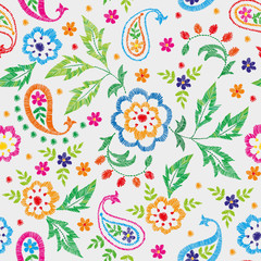 Vector seamless decorative floral embroidery pattern, ornament for textile decor. Bohemian handmade style background design. - 165063997