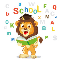 Fototapeta premium Back To School. Funny Lion Read Book On A White Background. Cartoon Vector Illustrations. Colored Letters Vector. Cartoon Lion Mascot. School Project.