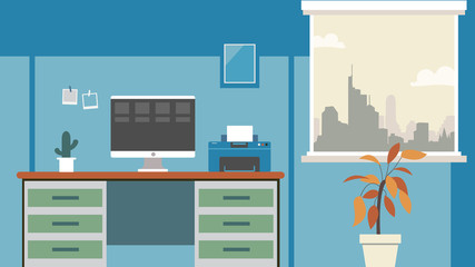Office desk background Vector. Workplace business style. Table and computer. Flat style illustration - 165066757