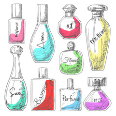 Set of different bottles of perfume. Vector illustration of a sketch style.