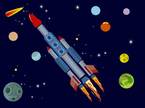 Rocket flame burning and flying in the space, stars, planets vector illustration