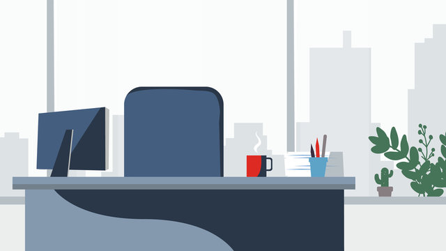 Office desk background Vector. Workplace business style. Table and computer. Flat style illustration