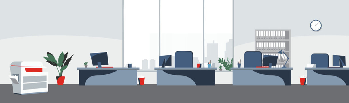 Office desktops background Vector. Workplace business style. Table and computers in an openspace. Flat style illustration
