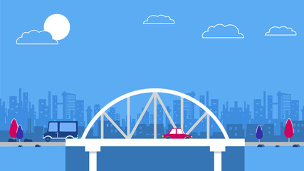 A bridge on the city sky scrapers background. Red retro style cars. Vector. Blue and red color scheme