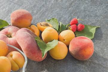 Apricot fruits, nectarine, peach and raspberries and green leaves