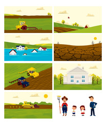 Collection of Agriculture and Farming set backgrounds. Agribusiness. Rural landscape. Design elements and characters for info graphic, websites and print media. Vector illustration