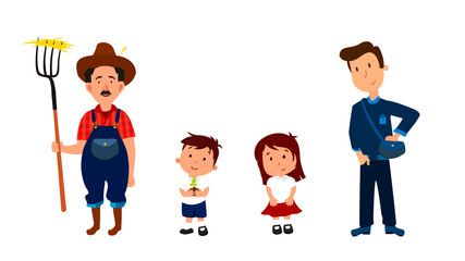 Farmer and his children cartoon characters for info graphic, websites and print media. Vector illustration