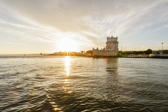 River view of Belem Tower at the river Tagus in Lisboa, Portugal