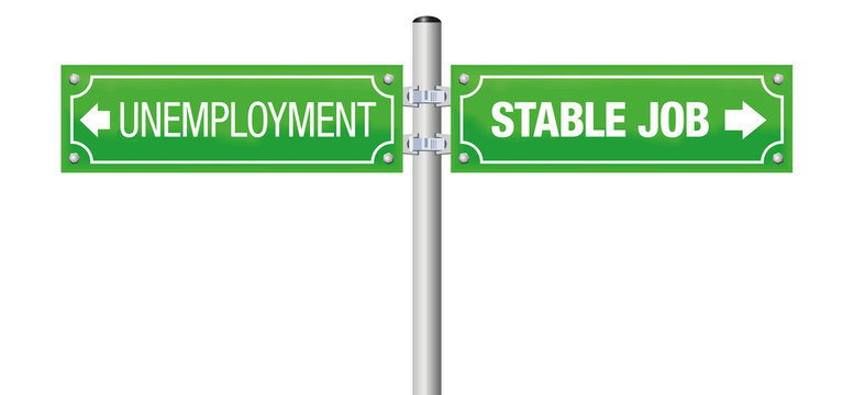 UNEMPLOYMENT and STABLE JOB written on a green guidepost - isolated vector illustration on white background.