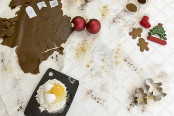 Gingerbread house baking flat lay