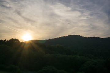 Sunrise and sunset over the hills and town. Slovakia