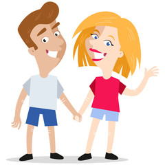 Smiling caucasian cartoon couple holding hands isolated on white background