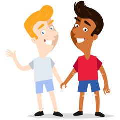 Smiling interracial gay cartoon couple holding hands isolated on white background