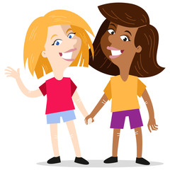 Smiling interracial lesbian cartoon couple holding hands isolated on white background