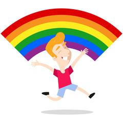 Vector illustration of happy caucasian cartoon man in colorful clothes jumping joyfully in front of rainbow lgbt flag