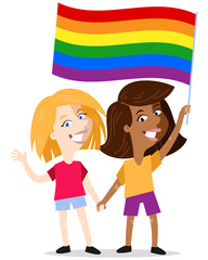 Smiling lesbian cartoon couple holding hands waving rainbow lgbt flag celebrating gay pride isolated on white background