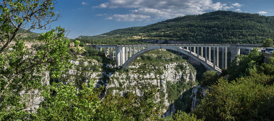 Large panoramic view of bridge on Artuby River, known as Pont de l'Artuby. Gorges du Verdon, Alpes-de-Haute-Provence, France