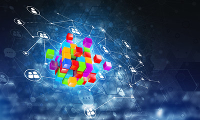 Concept of Internet and networking with digital cube figure on dark background