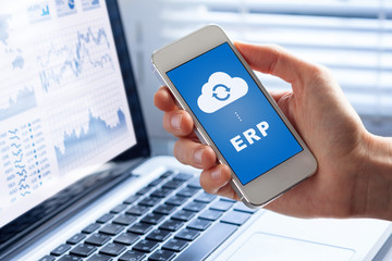 ERP app on smartphone screen connecting data with cloud computing - obrazy, fototapety, plakaty