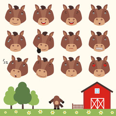 Emoticons set face of horse in cartoon style. Collection isolated heads of horse in different emotion and his body on meadow with farm house.