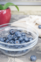 Composition of a gift in eco package, blueberries in a bowl and a little plant in a flowerpot