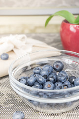 Composition of a gift in eco package, blueberries in a bowl and a little plant in a flowerpot