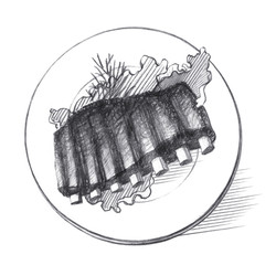 Fried pork ribs with lettuce leaves on a white plate. Graphic linear tonal drawing by slate pencil.  Isolated on white background