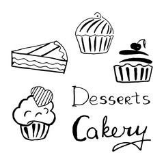 Cakery logo design. An idea for cafe, fast food, maffin shop, desserts. Hand drawn design.