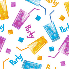 Color cocktails with straw and lettering party on white background. Vector seamless pattern.