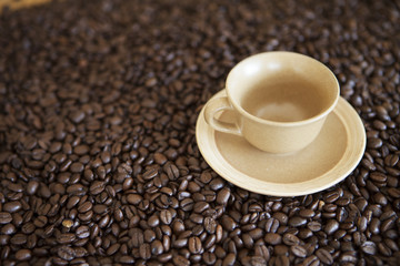 Coffee cup on coffee beans