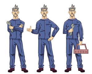 Mechanic or fitter plumber man holding a wrench, tool box and showing thumbs up gesture. Vector illustration set, isolated on white background.