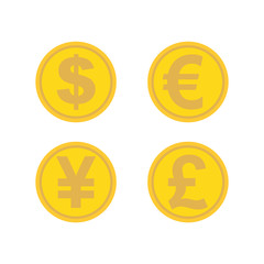Currency exchange icons set - dollar, euro, yen, pound. Currency golden coins. Modern round color icons. Worldwide currency. Flat style icon. Vector illustration
