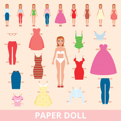 Paper doll and a set of different fashion for cutting