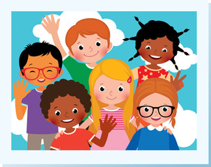 Stock Vector Cartoon Illustration. Photo group of happy children of different nationalities in the summer camp