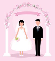 The bride and groom in full length stand under the wedding floral arch vector illustration in a flat style