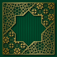 Golden cover background with traditional patterned square frame in eight pointed star form.