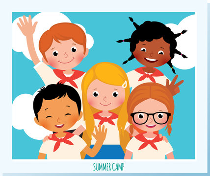 Polaroid photo group of happy children of different nationalities in the summer camp. Stock Vector Cartoon Illustration.