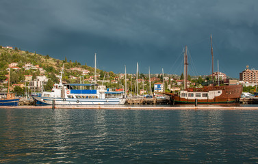 Beautiful views of the waterfront with ships in Portoroz Slovenia.